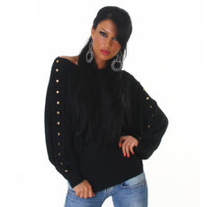 Gold Studded Black Kimono Boat Neck Off The Shoulder Fashion Top Sweater