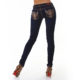 Dark Indigo Rinse Blue Skinny Fashion Stretch Blue Jeans Pants with Tan Embellishments and Rhinestones by My Christy