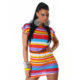 Sweet Cap Sleeve Pink Purple Blue Striped Long Tunic with Belt