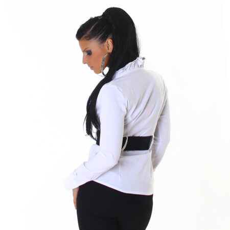 Career Styled Flirty Tapered White Ruffle Collar Long Sleeve Wide Cuff  Sexy Slimming Blouse Top with Black Belt