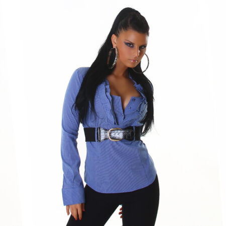 Career Tapered Blue White Collared Long Sleeve Wide Cuff Blouse w/ Belt PLUS SIZE